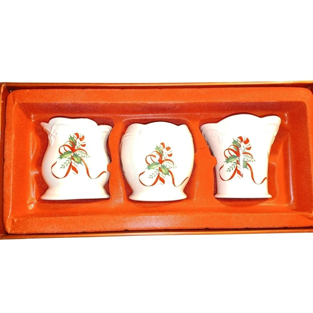 Lenox Holiday Candy Cane Votive Candle Holder Set 3 Ivory‎ Gold Trim Fine China
